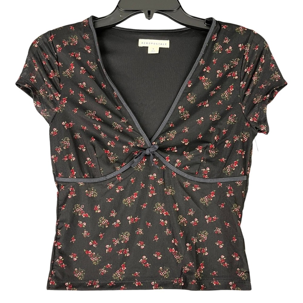 Aeropostale Floral Mesh Short Sleeve Babydoll Top V Neck M Womens Ditzy Floral